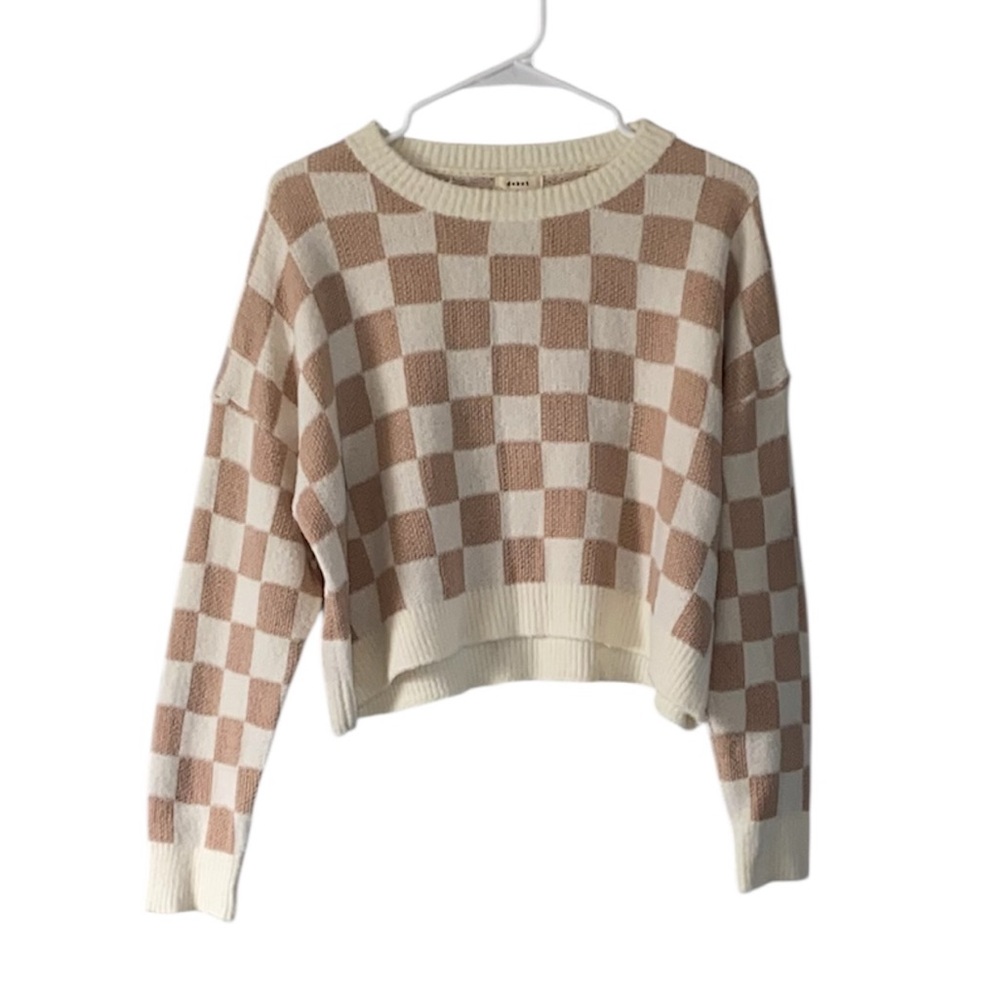 Debut Cream and Tan Checkered Long Sleeve Top